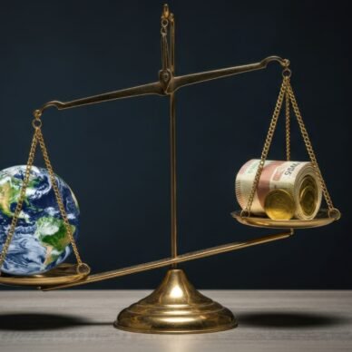 Balance scale with Earth and money symbolizing economic impact on planet Balance scale with Earth and money symbolizing economic impact on planet