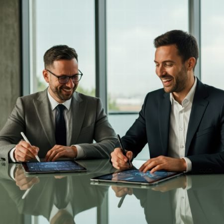 dois-executivos-sentados-em-uma-mesa-moderna-assinando-um-contrato-digital-em-tablets-ambos-sorrindo